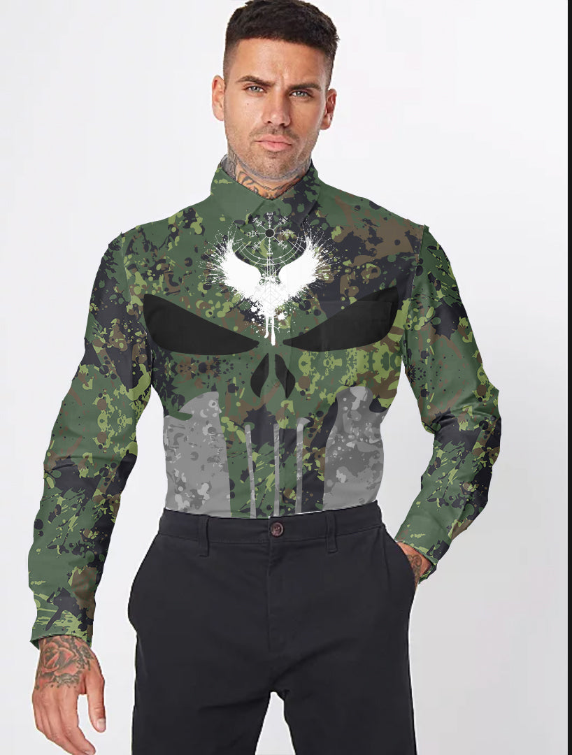 Viking Viking Skull Punisher Style Camo Long Sleeve Button Shirt RLT12 - Wonder Print Shop