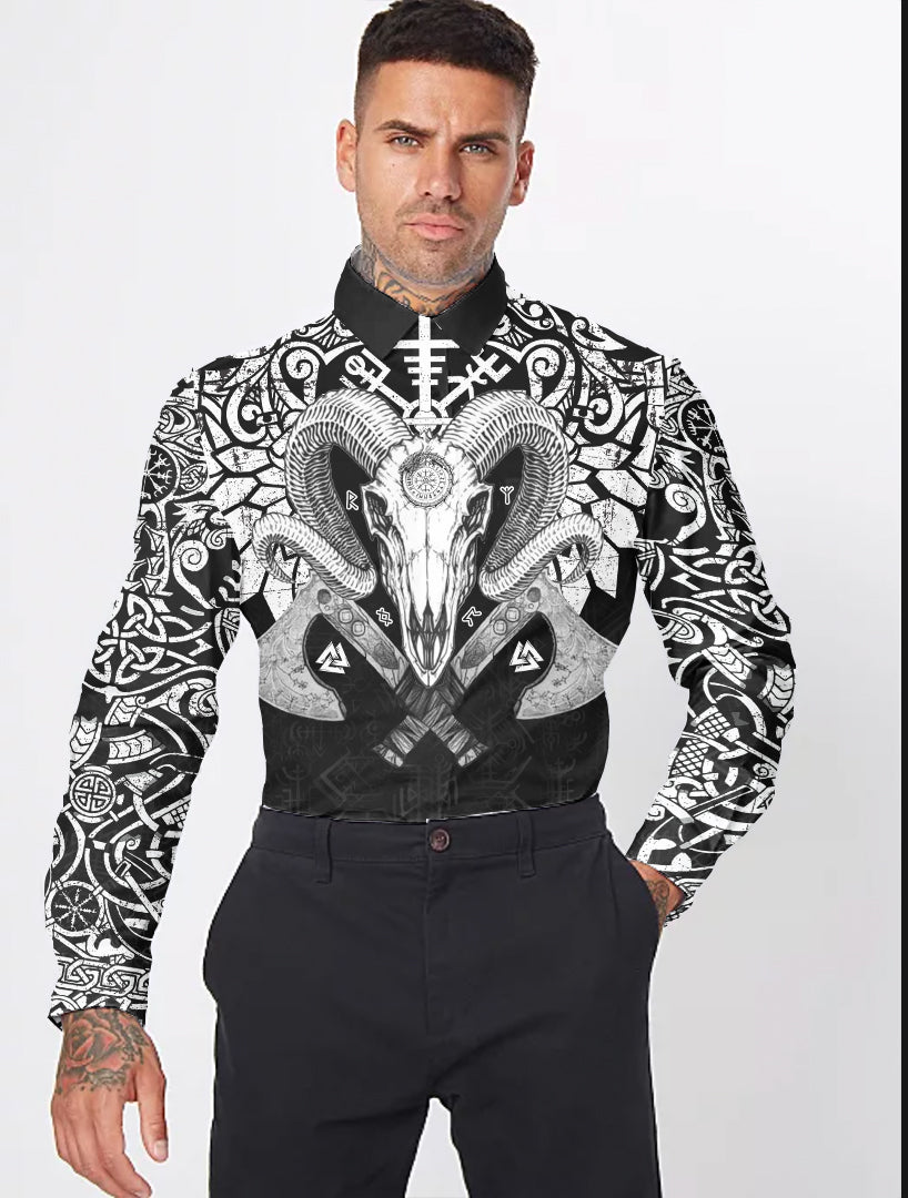 Viking Ram Skull Tattoo With Vegvisir and Valknut Long Sleeve Button Shirt RLT12 - Wonder Print Shop