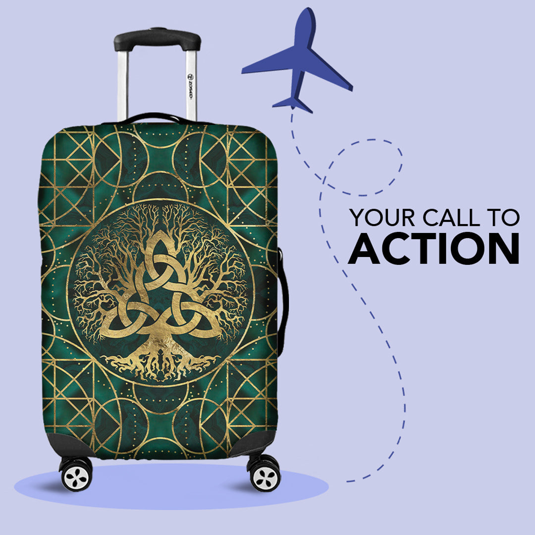 Viking Luggage Covers - Tree Of Life with Triquetra Malachite and Gold Luggage Covers RLT12 - Wonder Print Shop