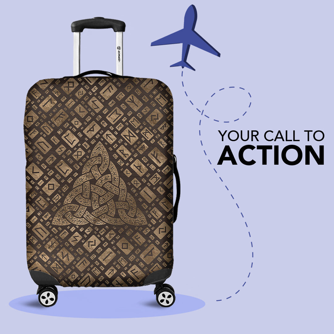 Viking Luggage Covers - Triquetra and Runic Alphabet Wood and Gold Luggage Covers RLT12 - Wonder Print Shop