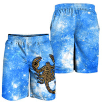 Blue Scorpio galaxy men’s shorts, side view with scorpion zodiac print