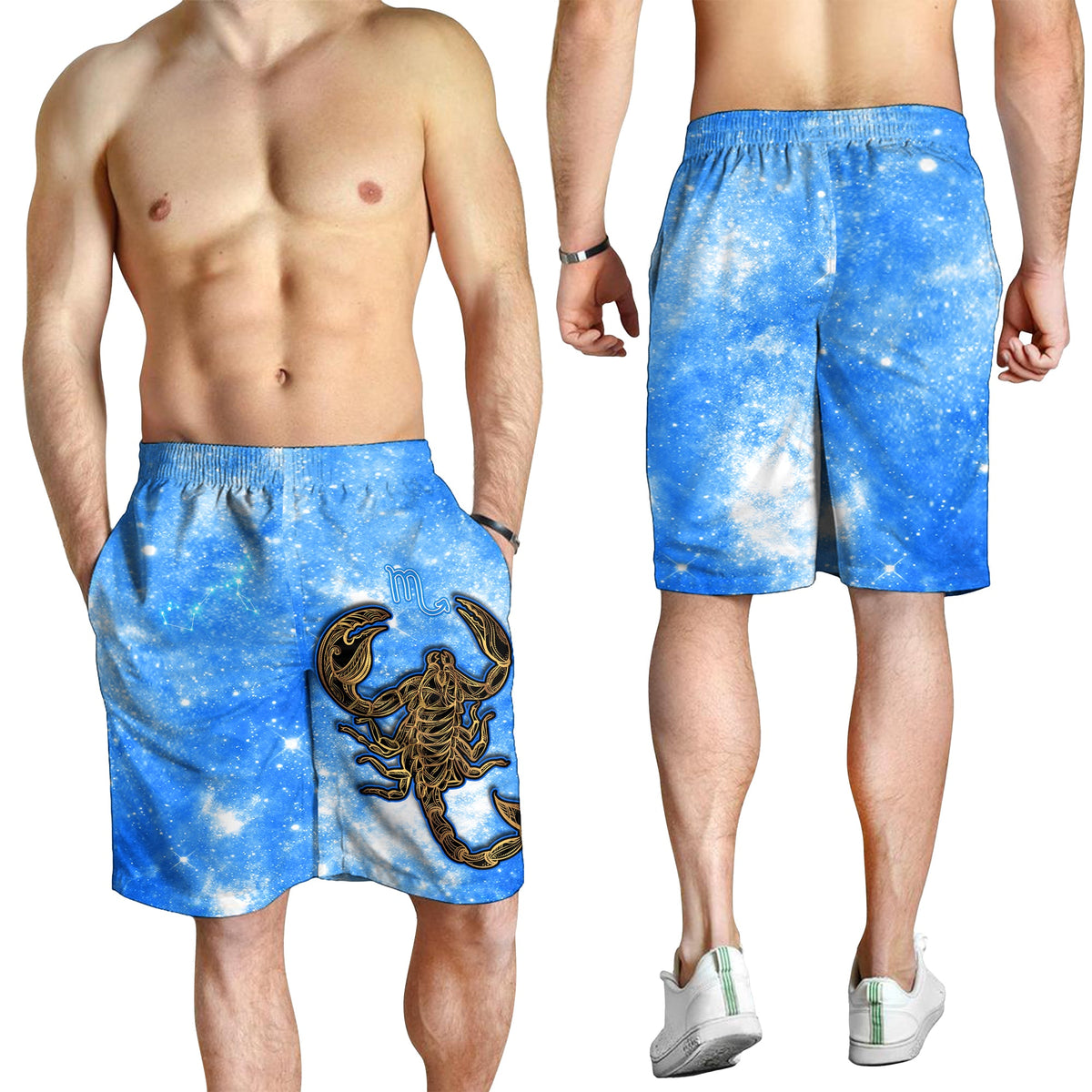 Blue Scorpio zodiac men’s shorts set with scorpion print and elastic waistband