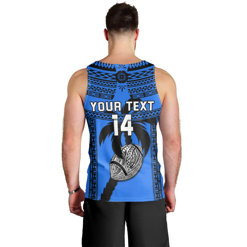 Blue men’s rugby tank top back with “YOUR TEXT” and large number 14