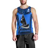 Men's blue rugby tank top with black sailboat emblem and patterned crew neckline