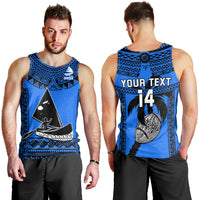 Blue men’s rugby tank top with tribal pattern, custom text, and number 14