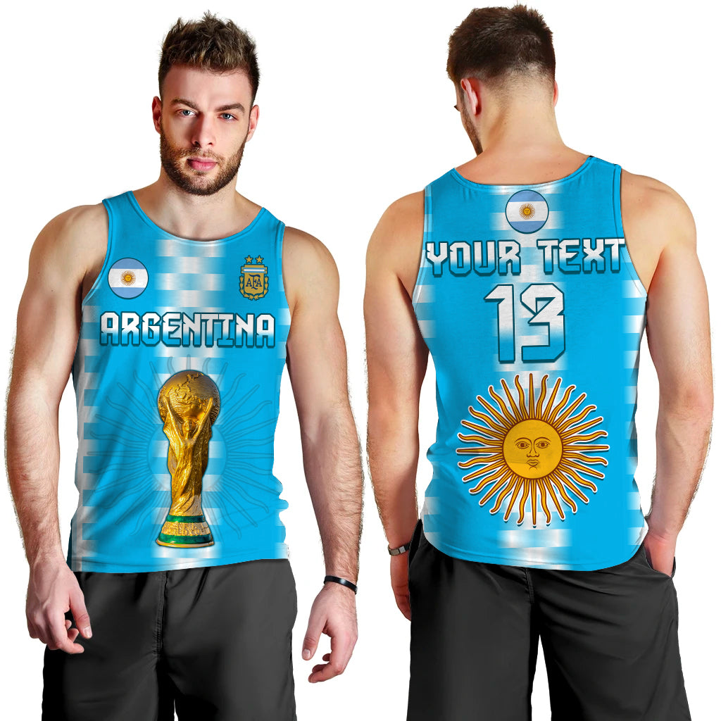 Blue men’s football tank top showing front trophy Argentina and back 13 sun design