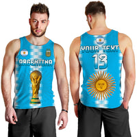 Blue men’s football tank top showing front trophy Argentina and back 13 sun design