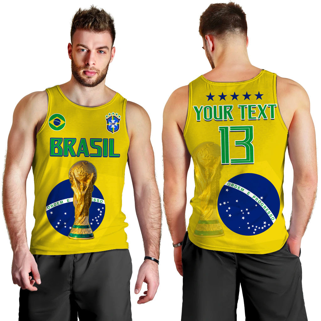 Men's yellow Brazil football tank top front and back: BRASIL front, YOUR TEXT and 13 back