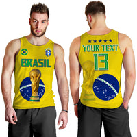 Men's yellow Brazil football tank top front and back: BRASIL front, YOUR TEXT and 13 back