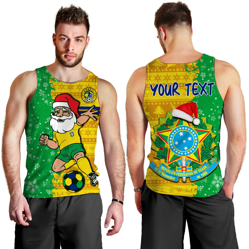 Men's football tank top: front Santa soccer print; back shows 'YOUR TEXT' design