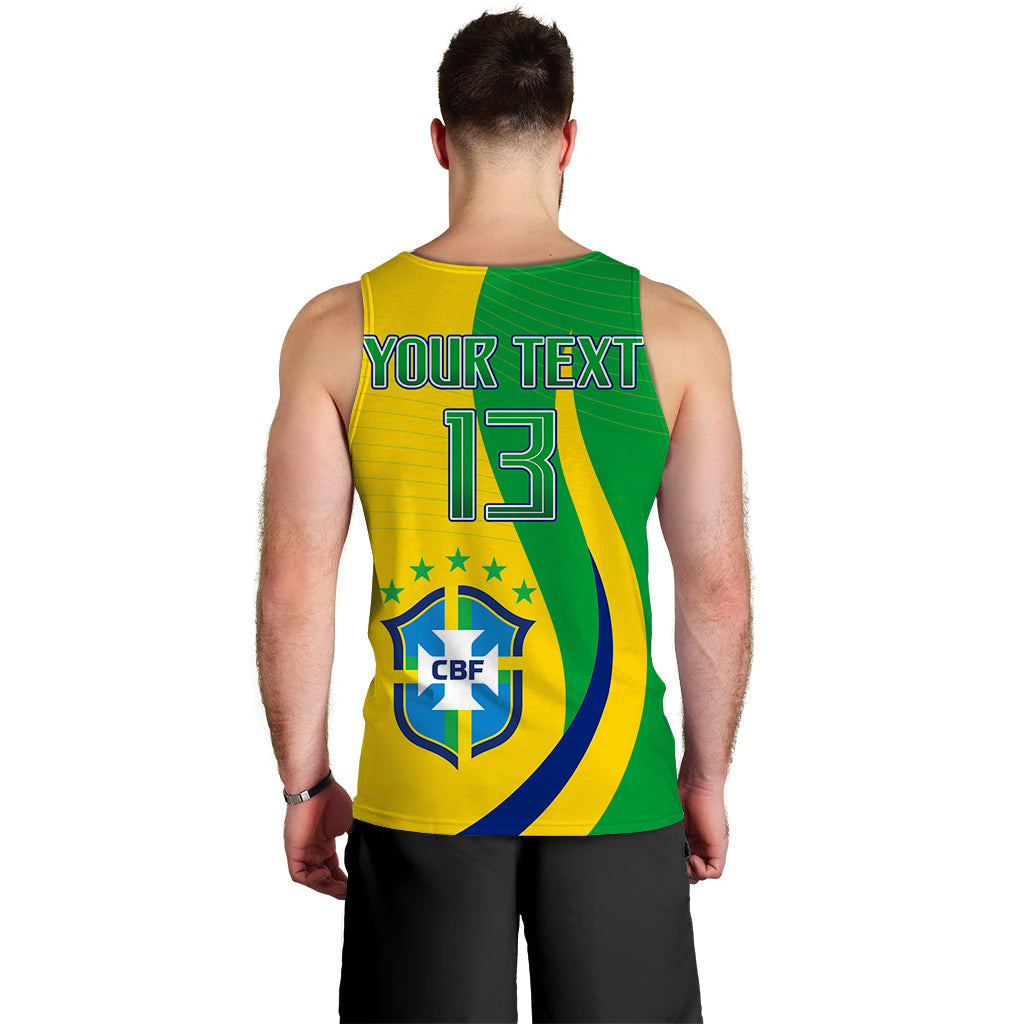 Men's Brazil football tank top back, green and yellow with YOUR TEXT 13 and crest.