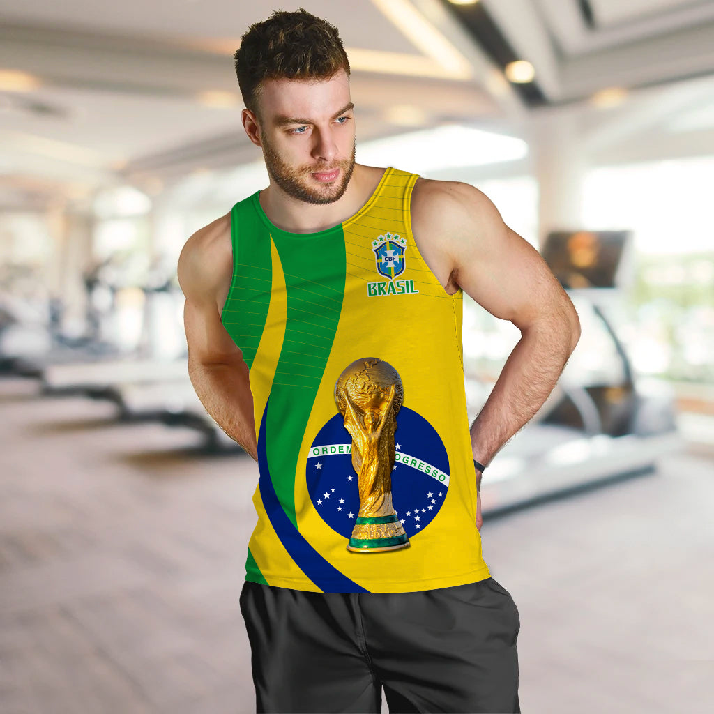 Men's Brazil football tank top front, yellow and green with BRASIL crest and trophy.