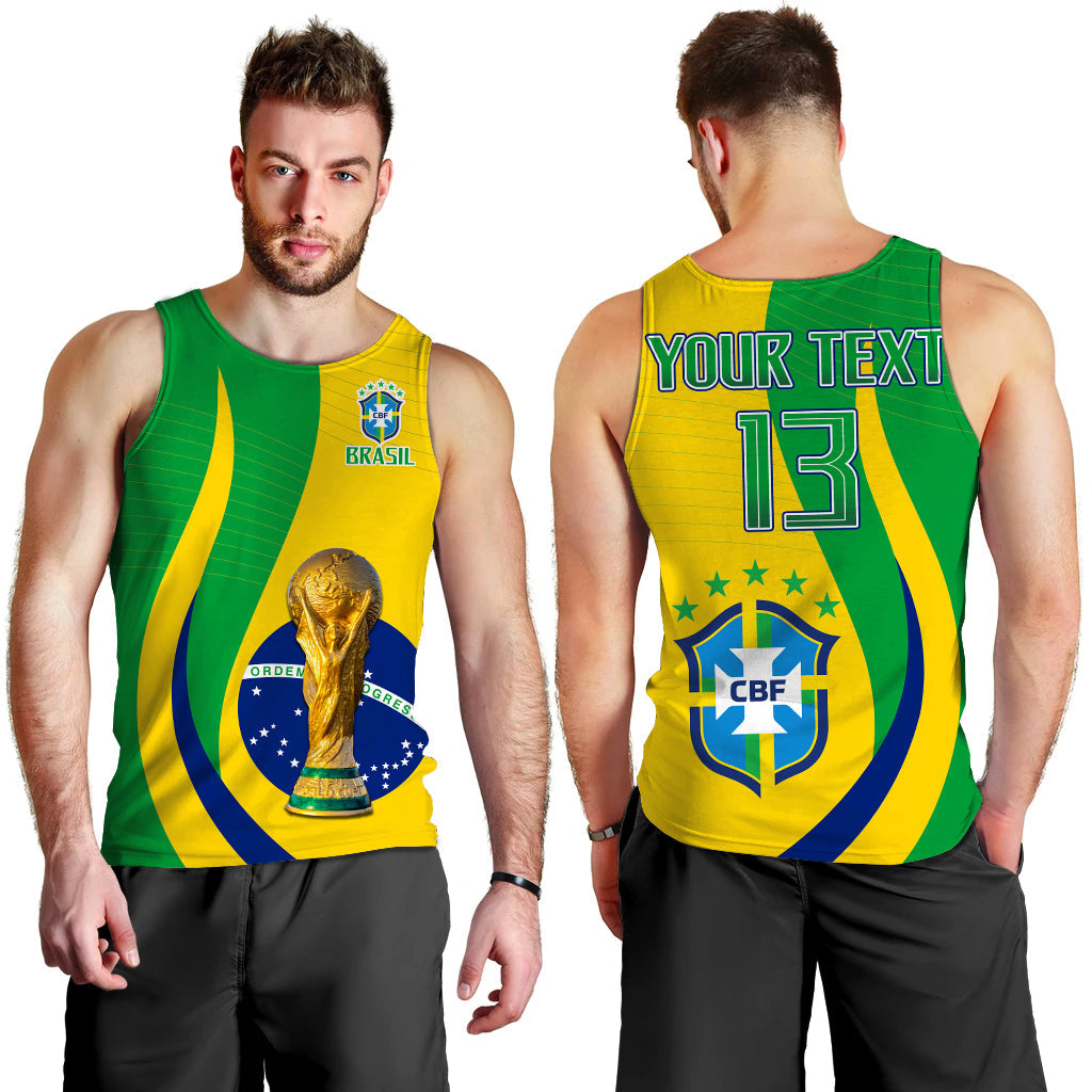 Men's Brazil football tank top, front shows trophy; back shows YOUR TEXT 13.