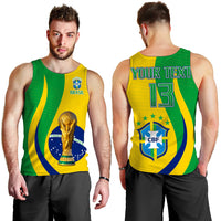 Men's Brazil football tank top, front shows trophy; back shows YOUR TEXT 13.