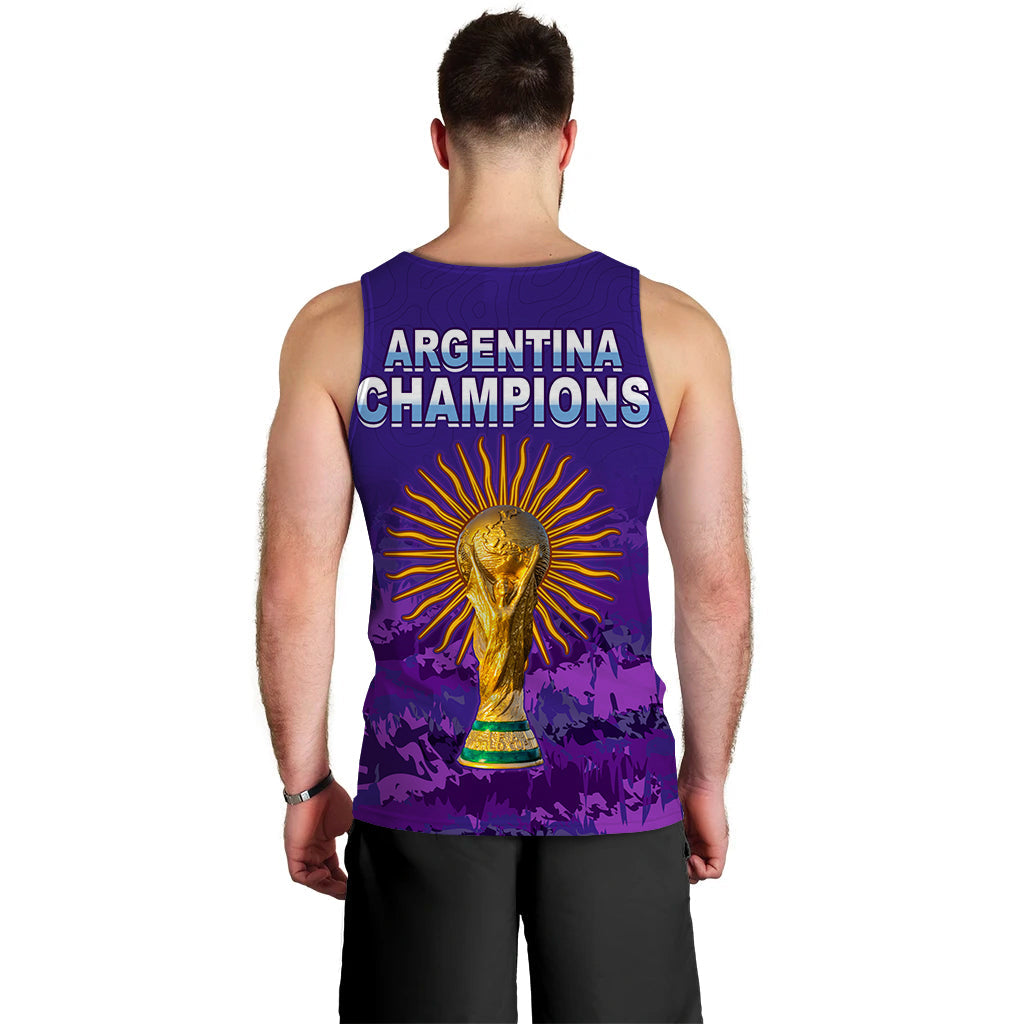 Men's purple football tank top with 'ARGENTINA CHAMPIONS' text and trophy graphic.