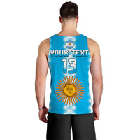 Blue men’s tank top back print with YOUR TEXT 13 and sun emblem