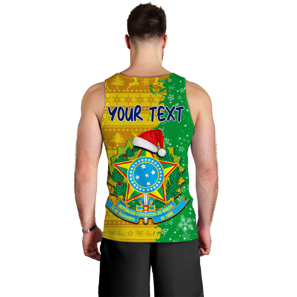 Men's football tank top back view in green and yellow with 'YOUR TEXT' Brazil crest