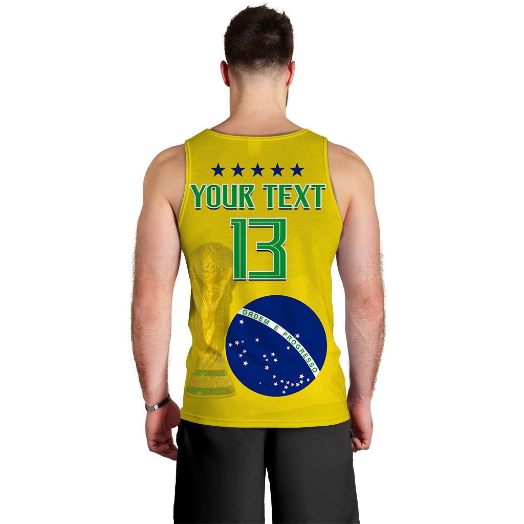 Men's yellow Brazil football tank top back with YOUR TEXT and 13 number over blue crest