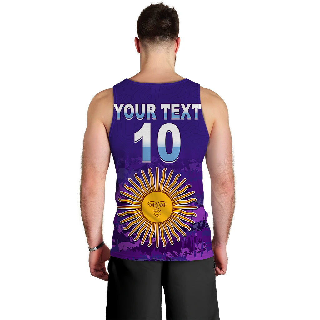 Purple men’s football tank top back with YOUR TEXT, number 10, sun graphic