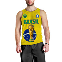 Men's yellow Brazil football tank top with BRASIL lettering, crest, and gold trophy graphic