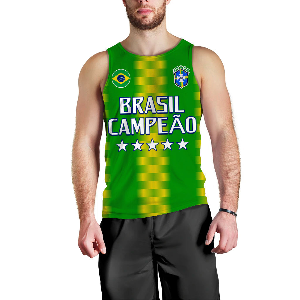 Men's green football tank top with 'BRASIL CAMPEÃO' text and star accents