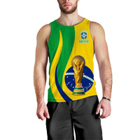 Men's Brazil football tank top, green and yellow with crest, BRASIL and trophy graphic.