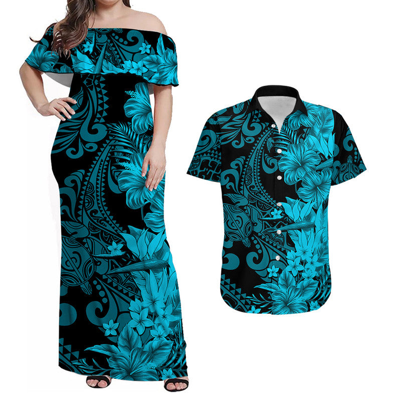 hawaii-flowers-mix-tribal-pattern-combo-dress-and-shirt-blue