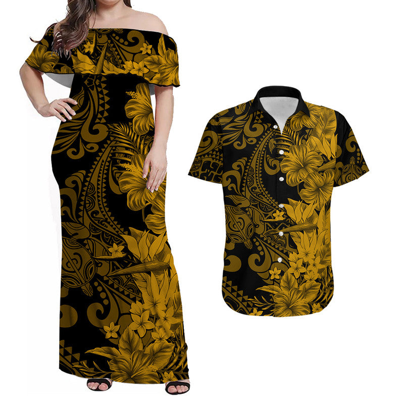Hawaii Flowers Mix Tribal Pattern Matching Hawaiian Shirt And Dress Gold LT6 - Wonder Print Shop