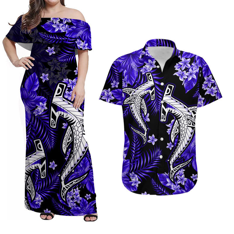 Hawaii Summer Colorful Shark Matching Hawaiian Shirt And Dress Dark Blue LT6 - Wonder Print Shop