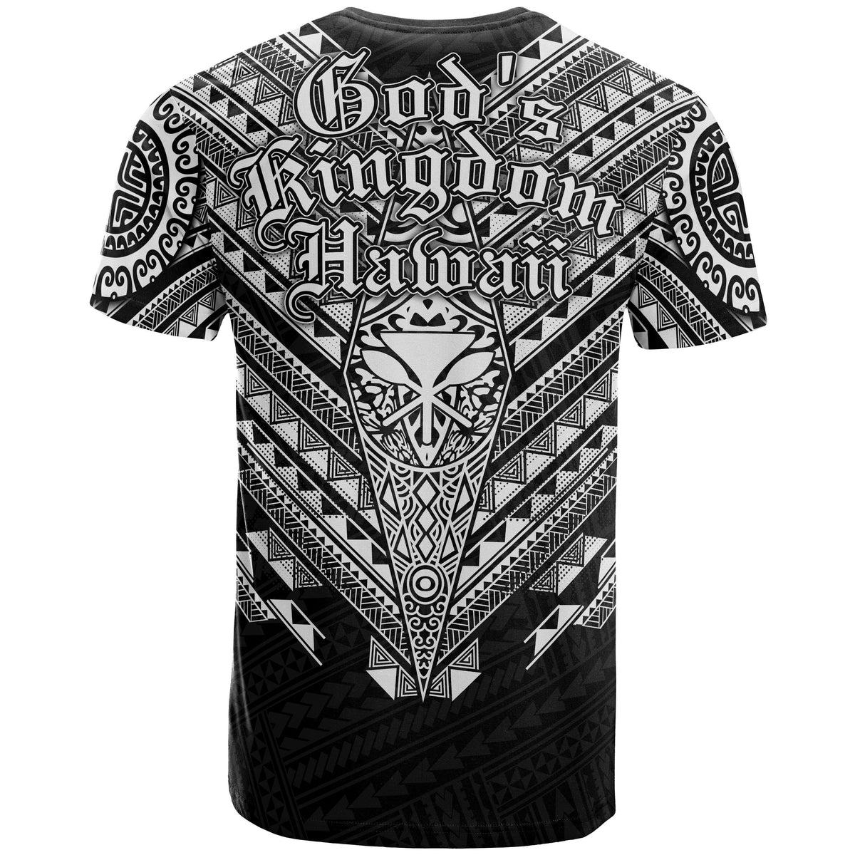 Black T-shirt back graphic with geometric tribal patterns and large central emblem, text