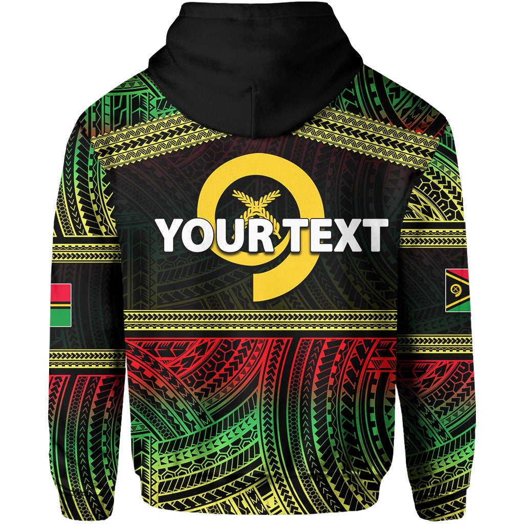 Black zip hoodie back with hood; green and red Polynesian pattern with large yellow “YOUR TEXT”