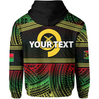 Black zip hoodie back with hood; green and red Polynesian pattern with large yellow “YOUR TEXT”
