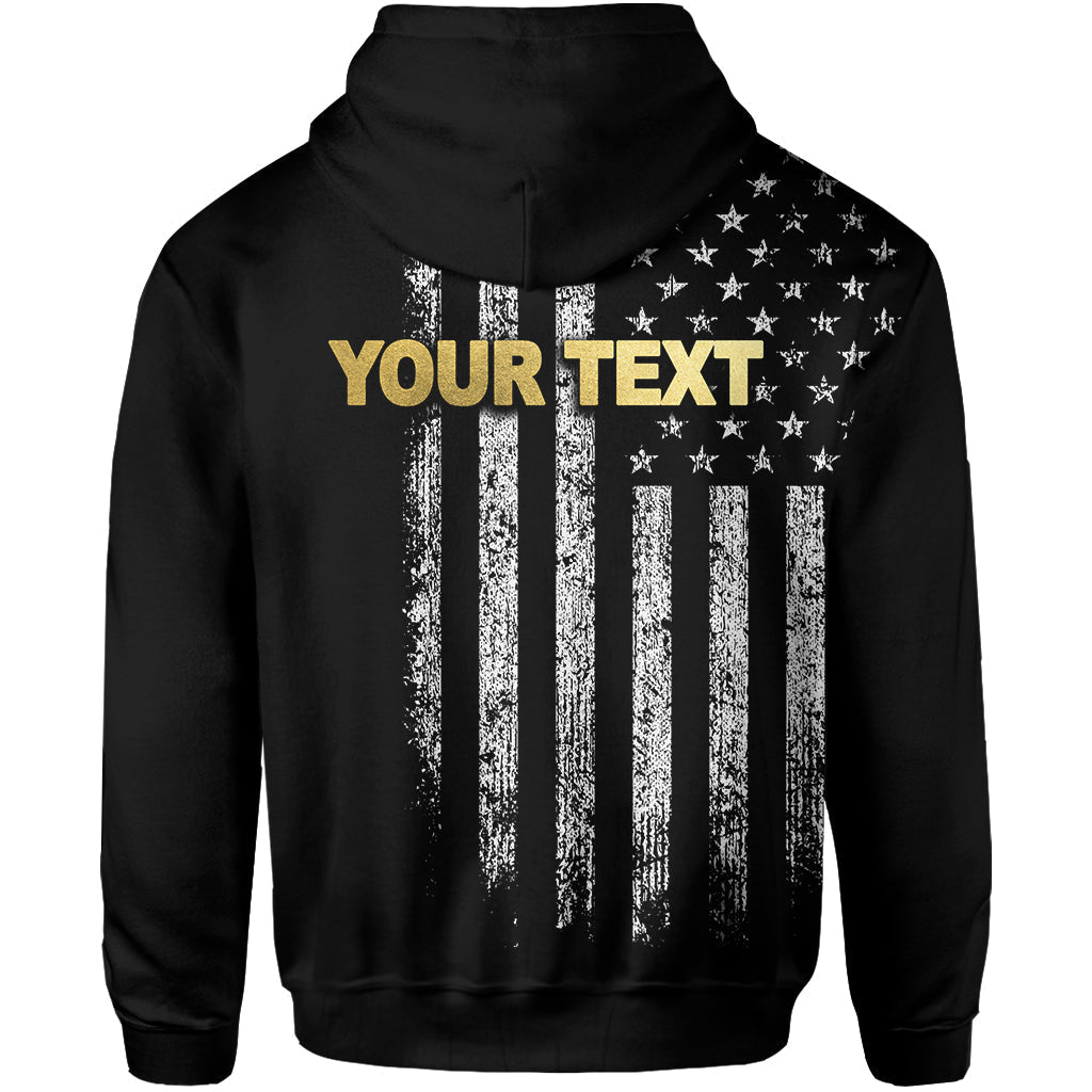 Black pullover hoodie back with white flag stripes, stars, and gold "YOUR TEXT"