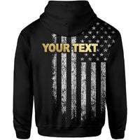 Black pullover hoodie back with white flag stripes, stars, and gold "YOUR TEXT"