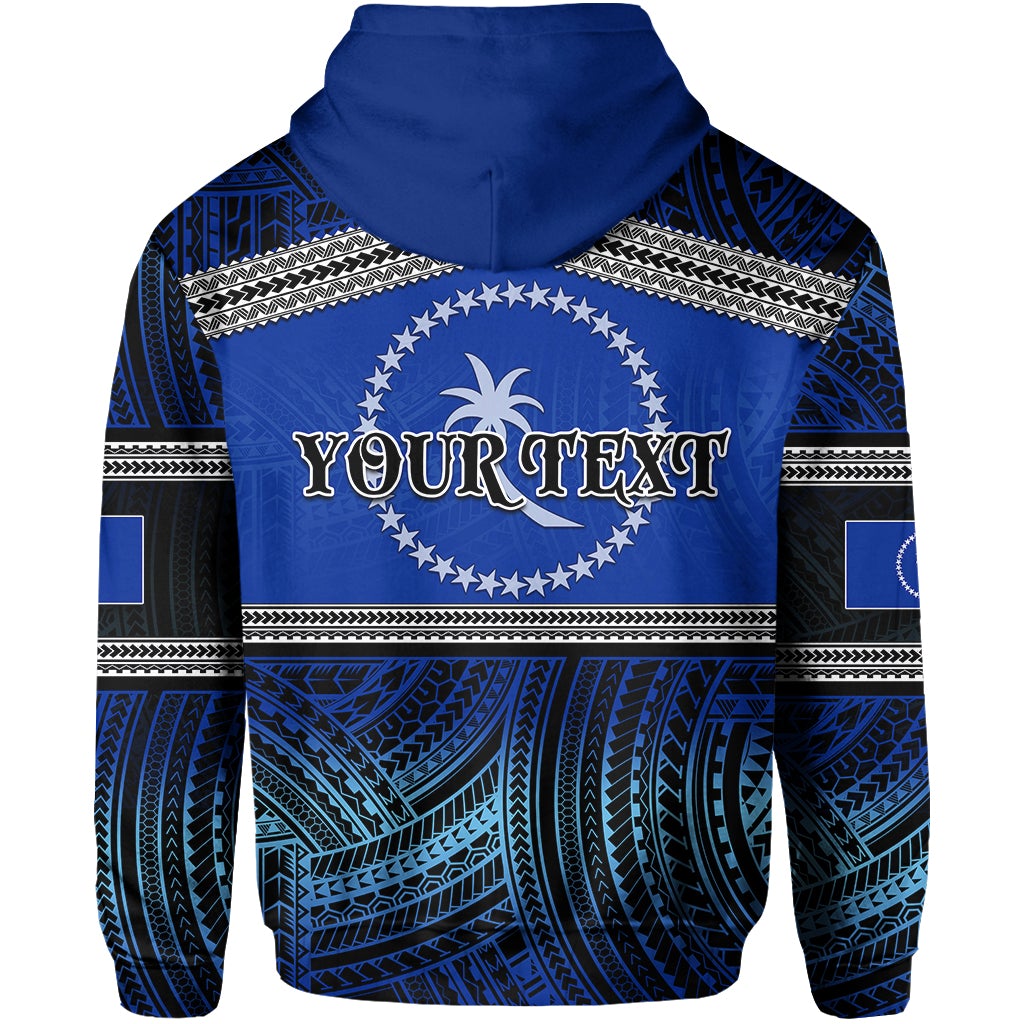 Blue hoodie back view with Polynesian patterns and circular Chuuk emblem graphic