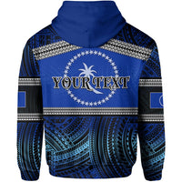 Blue hoodie back view with Polynesian patterns and circular Chuuk emblem graphic