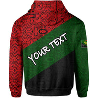 Black zip hoodie back print with diagonal red tribal pattern, green panel and text
