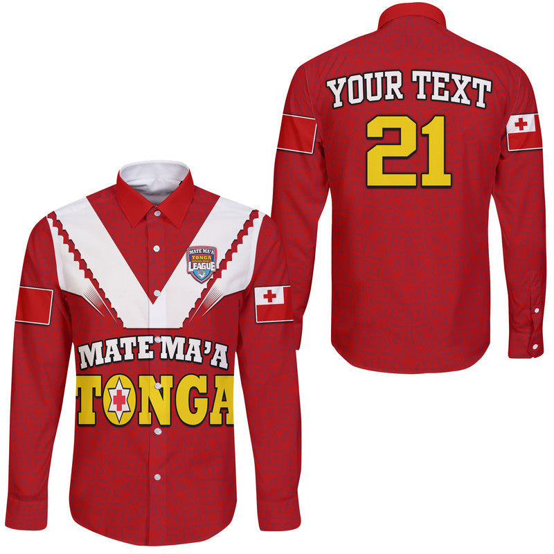 Custom Personalised Mate Ma'a Tonga Rugby Hawaii Long Sleeve Button Shirt Tongan Kupesi Red Style - Wonder Print Shop