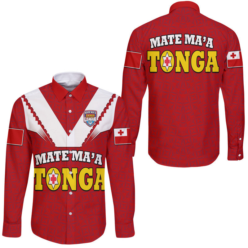 Mate Ma'a Tonga Rugby Hawaii Long Sleeve Button Shirt Tongan Kupesi Red Style - Wonder Print Shop