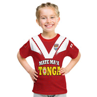 Red rugby T-shirt for kids with white V yoke and Tonga league crest, front print