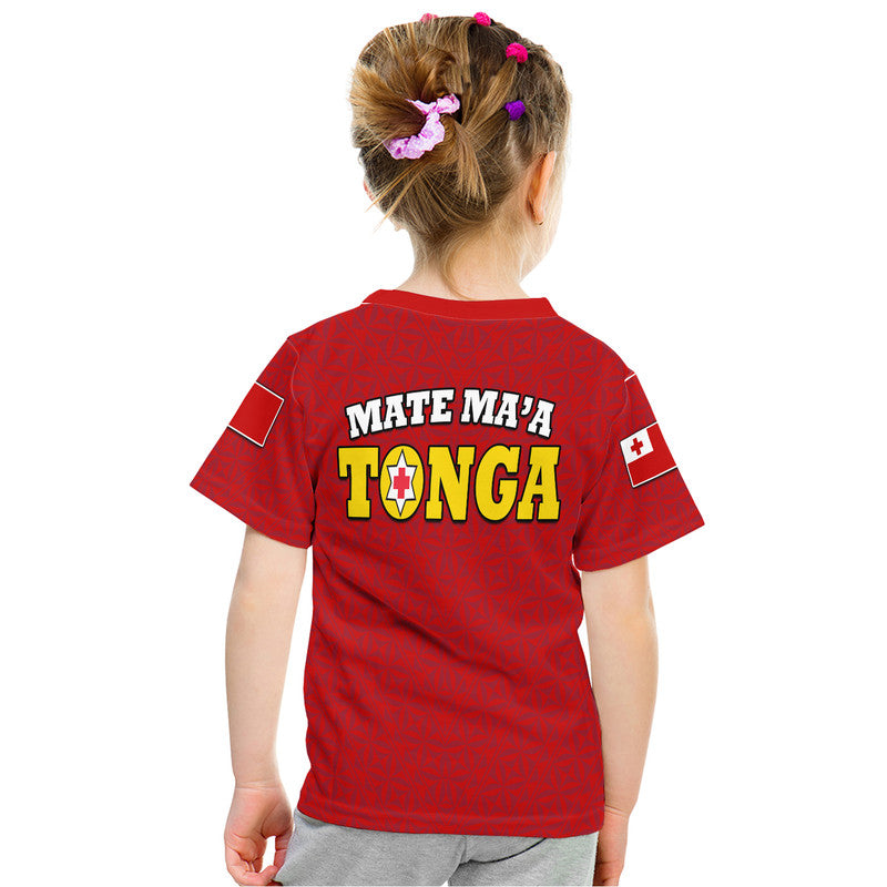 Red kid rugby t-shirt back with 'MATE MA'A TONGA' text logo and sleeve badges