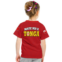 Red kid rugby t-shirt back with 'MATE MA'A TONGA' text logo and sleeve badges