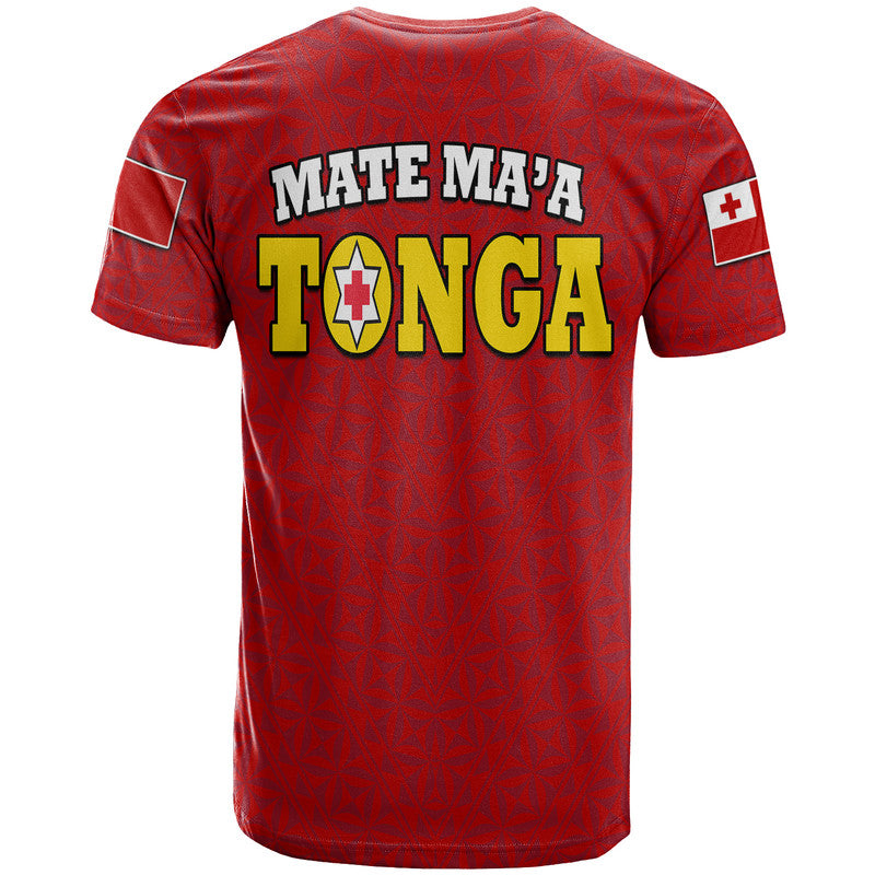 Red rugby t-shirt back with 'MATE MA'A TONGA' text logo and small sleeve badge