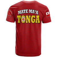 Red rugby t-shirt back with 'MATE MA'A TONGA' text logo and small sleeve badge