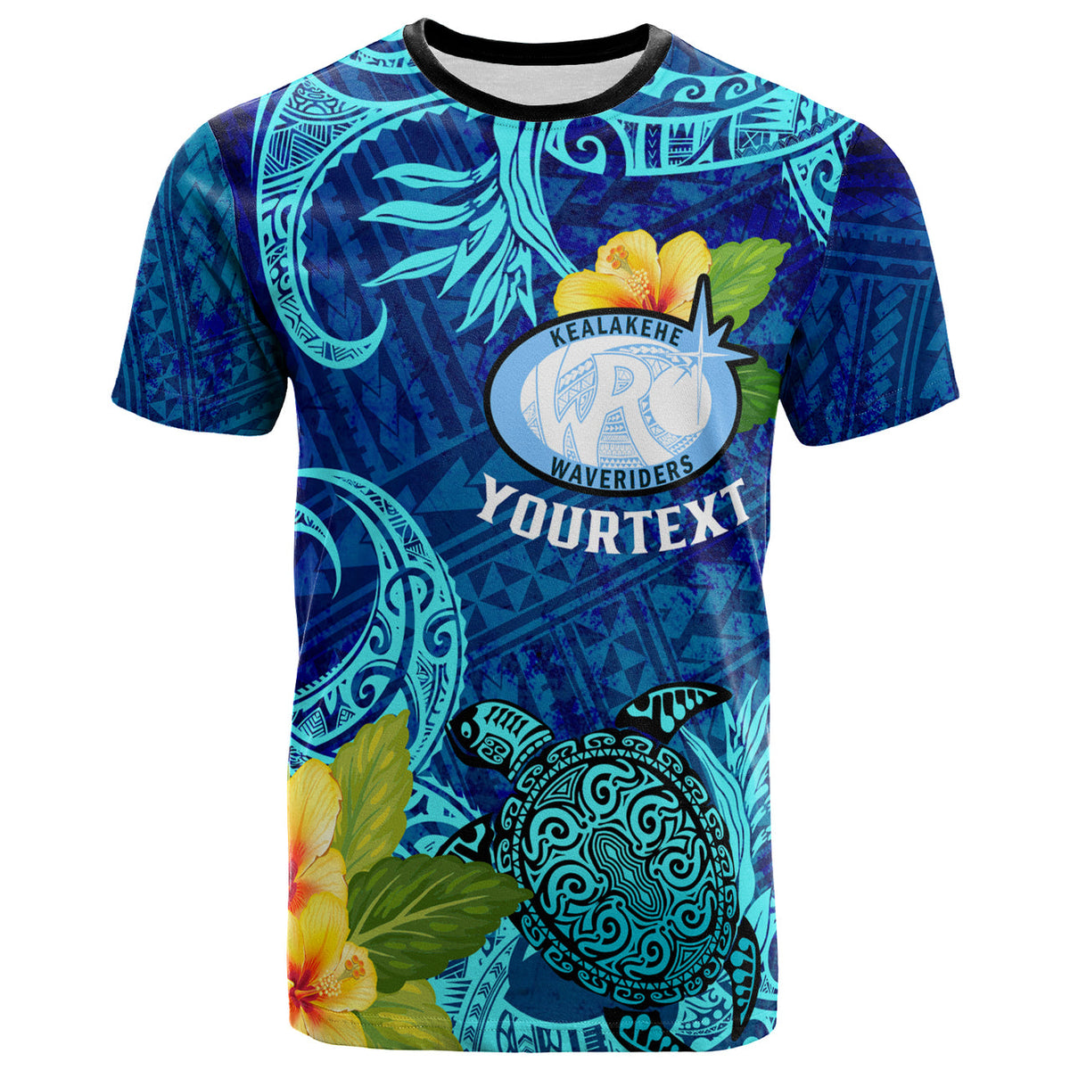 Blue short-sleeve T-shirt with Polynesian patterns, hibiscus, and Kealakehe crest 'YourText'