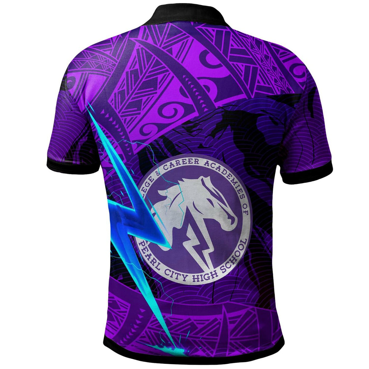 Purple polo back with circular school crest, tribal pattern, and diagonal lightning stripe