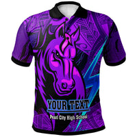 Purple polo with tribal print, horse graphic, and “YOUR TEXT” panel