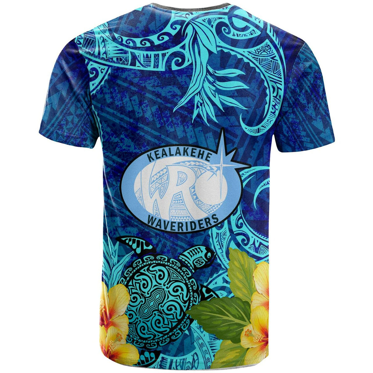 Blue back of short-sleeve T-shirt with Polynesian motifs, turtle print, and hibiscus