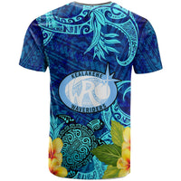 Blue back of short-sleeve T-shirt with Polynesian motifs, turtle print, and hibiscus