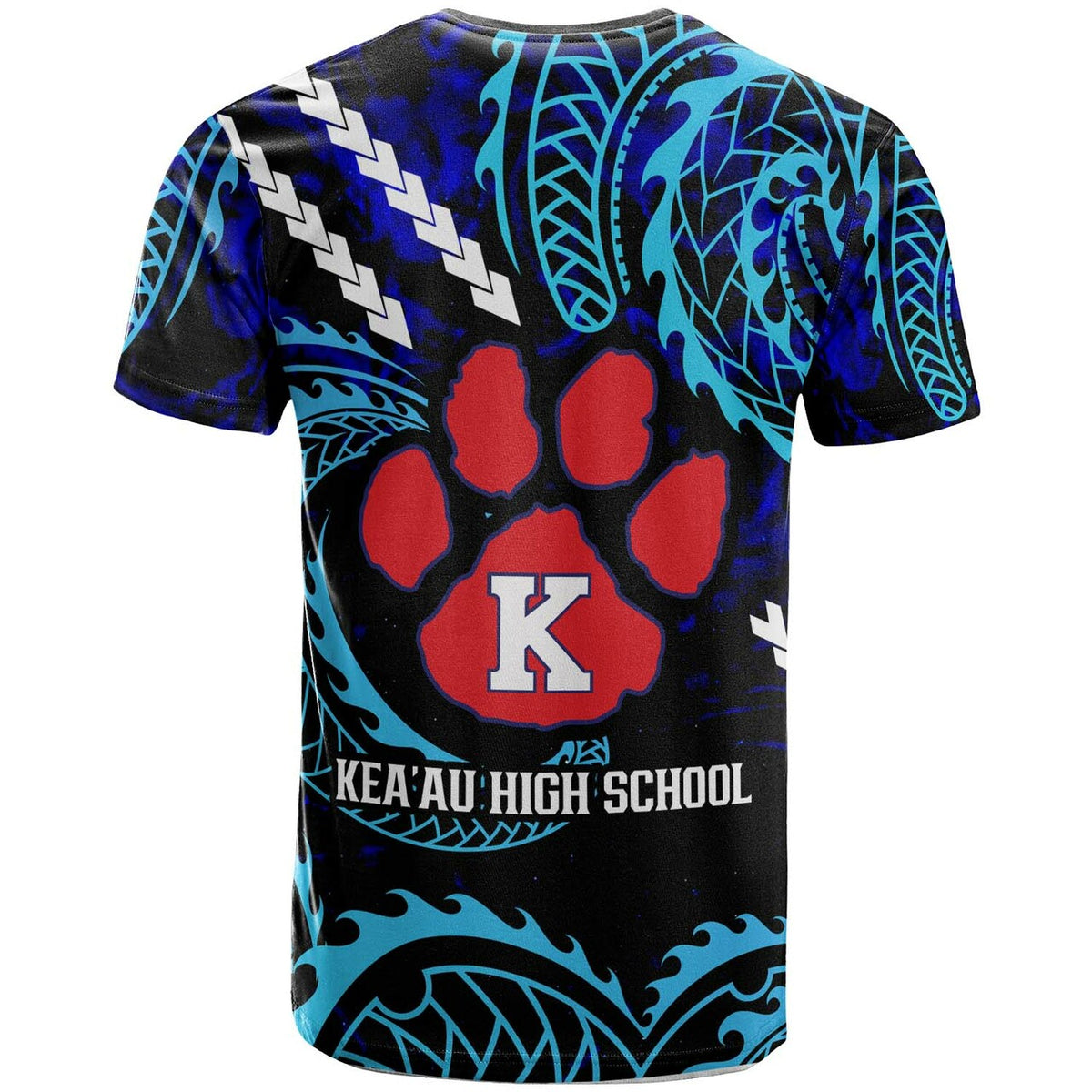 Blue galaxy T-shirt back with paw print, letter K, Keaau High School text